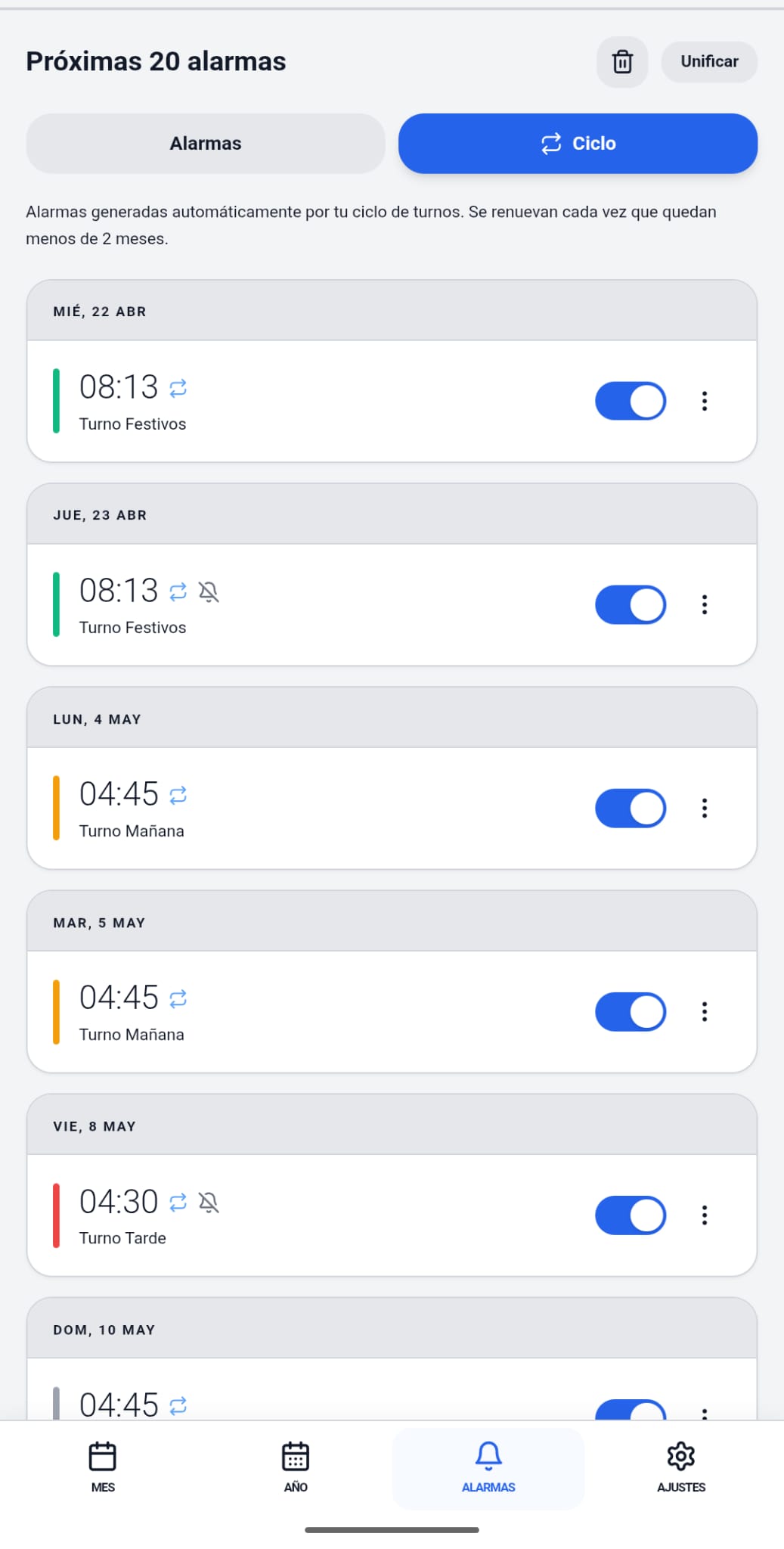 Lista de alarmas